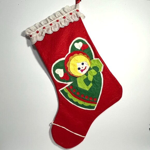 Vintage Handmade Red Felt Angel Christmas Stocking - Picture 1 of 10
